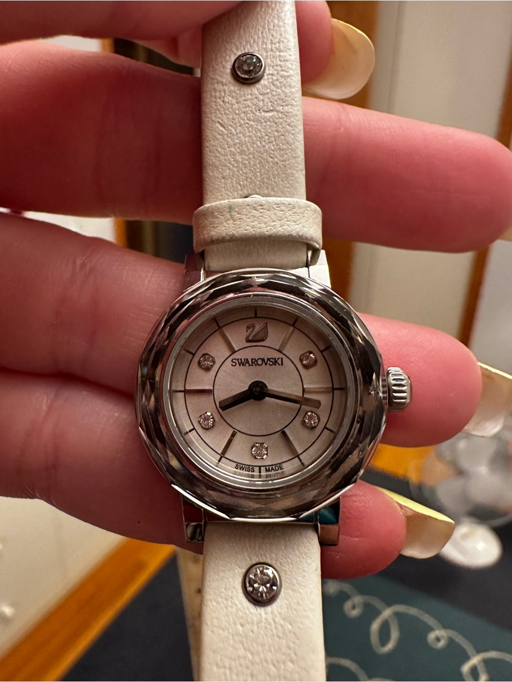 Swarovski Silver-Tone Crystal Bezel Watch with White Strap